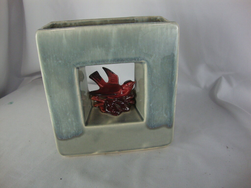 Vintage McCoy Arcature Gray Pottery Red Bird Double Vase