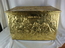 Load image into Gallery viewer, Vintage Brass Repousse English Pub Scene Kindling Storage Box Hinged Lid
