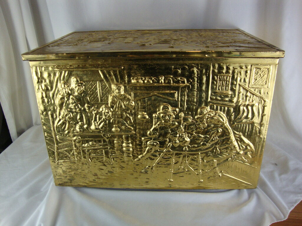 Vintage Brass Repousse English Pub Scene Kindling Storage Box Hinged Lid