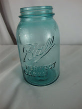 Load image into Gallery viewer, Antique Ball Perfect Mason Aqua Glass Jar with Offset Printing Error No Lid
