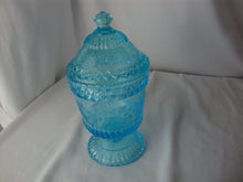Load image into Gallery viewer, Vintage LG Wright Aqua Glass Wildflower Covered Candy Jar
