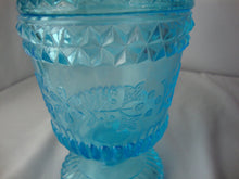 Load image into Gallery viewer, Vintage LG Wright Aqua Glass Wildflower Covered Candy Jar
