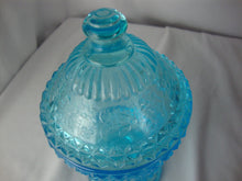 Load image into Gallery viewer, Vintage LG Wright Aqua Glass Wildflower Covered Candy Jar
