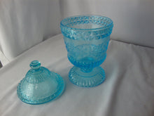 Load image into Gallery viewer, Vintage LG Wright Aqua Glass Wildflower Covered Candy Jar
