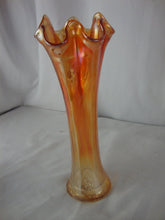 Load image into Gallery viewer, Vintage Marigold Carnival Glass Ruffled Edge Slender Vase
