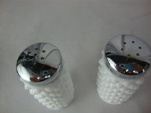 Load image into Gallery viewer, Vintage Fenton Milk Glass Hobnail Salt and Pepper Shaker Set with Metal Lids
