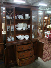 Load image into Gallery viewer, Vintage Mahogany One Piece China Display Hutch with Top Brass Gallery Rail
