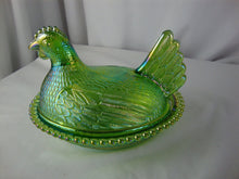 Load image into Gallery viewer, 1970s Indiana Glass Carnival Lime Green Glass Beaded Trim Hen on Nest
