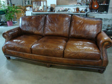Load image into Gallery viewer, Henredon Camel Back Brown Leather Nailhead Trim Three Cushion Sofa Couch
