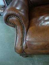 Load image into Gallery viewer, Henredon Camel Back Brown Leather Nailhead Trim Three Cushion Sofa Couch
