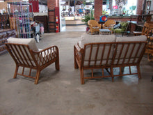 Load image into Gallery viewer, Vintage Indoor Outdoor Rattan Loveseat Armchair and Ottoman with White/Tan Striped Cushions Set

