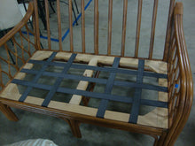 Load image into Gallery viewer, Vintage Indoor Outdoor Rattan Loveseat Armchair and Ottoman with White/Tan Striped Cushions Set
