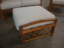 Load image into Gallery viewer, Vintage Indoor Outdoor Rattan Loveseat Armchair and Ottoman with White/Tan Striped Cushions Set
