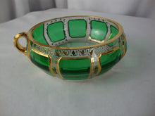 Load image into Gallery viewer, Antique Moser Glass Cabochon Green Bohemian Handled Nappy Bowl
