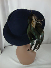 Load image into Gallery viewer, Vintage Geiger Austria Women's Blue Wool Felt Dress Hat with Feather Fascinator
