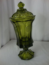 Load image into Gallery viewer, Vintage Fostoria Glass Coin Dot Olive Green Glass Footed Dish with Lid
