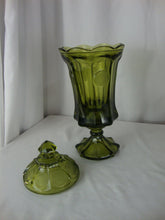 Load image into Gallery viewer, Vintage Fostoria Glass Coin Dot Olive Green Glass Footed Dish with Lid
