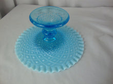 Load image into Gallery viewer, Vintage Fenton Aqua Blue Opalescent Hobnail Cake Plate With Crimped Edges
