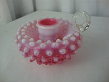 Load image into Gallery viewer, Vintage Fenton Cranberry Opalescent Hobnail Candle Holder with Clear Glass Finger Loop
