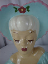 Load image into Gallery viewer, 1940s Shawnee USA Aqua Pink Lady Head Vase Wall Pocket
