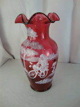 Load image into Gallery viewer, Vintage Fenton Cranberry Glass Handpainted Girl on Bike Scene Numbered Vase
