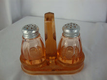 Load image into Gallery viewer, Vintage Vaseline Pink Glass Salt Pepper Shakers with Glass Caddy Holder
