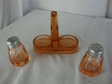 Load image into Gallery viewer, Vintage Vaseline Pink Glass Salt Pepper Shakers with Glass Caddy Holder
