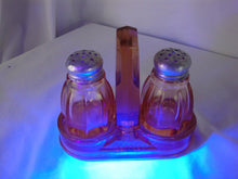 Load image into Gallery viewer, Vintage Vaseline Pink Glass Salt Pepper Shakers with Glass Caddy Holder
