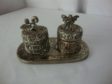 Load image into Gallery viewer, Vintage Pewter Fairy First Curl First Tooth Mini Trinket Jars with Lids and Oval Stand
