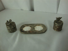 Load image into Gallery viewer, Vintage Pewter Fairy First Curl First Tooth Mini Trinket Jars with Lids and Oval Stand
