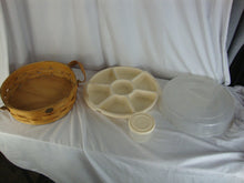 Load image into Gallery viewer, Vintage Peterboro USA Round Handled Basket with Plastic Divided Snack Tray with Dome Lid
