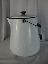 Load image into Gallery viewer, Vintage Farmhouse Extra Large White Black Enamel Cowboy Coffee Pot with Metal Swing Handle
