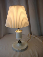 Load image into Gallery viewer, Vintage White Milk Glass Boudoir Table Lamp with White Plastic Clip on Shade
