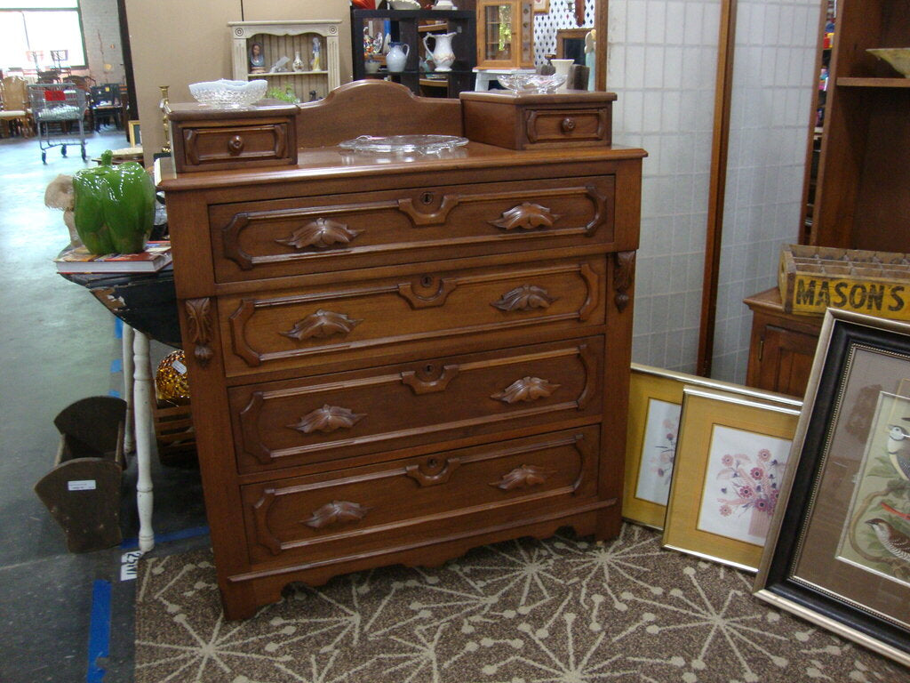 Vintage Empire Four Drawer Dresser with Top Glove Drawers and Carved Wood Accents