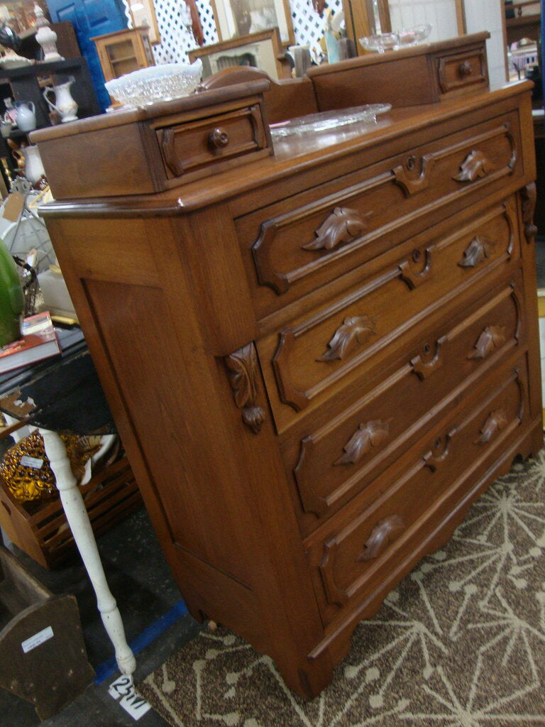 Vintage Empire Four Drawer Dresser with Top Glove Drawers and Carved Wood Accents