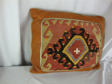 Load image into Gallery viewer, Anatolian Kilim Black/Red/Yellow Hide Decor Pillow Button Back
