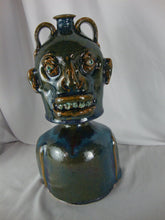Load image into Gallery viewer, Marvin Bailey SC Folk Art Pottery Blue/Green Streaked 5 Tooth Ugly Face Jug Double Handle on Base
