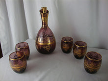 Load image into Gallery viewer, Vintage Amethyst with Gold Trim Purple Decanter and Five Tumbler Glasses
