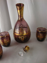 Load image into Gallery viewer, Vintage Amethyst with Gold Trim Purple Decanter and Five Tumbler Glasses
