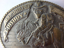 Load image into Gallery viewer, Vintage All Around Cowboy Monkey Cowboy on Horse Brass Oval Belt Buckle
