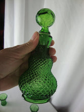 Load image into Gallery viewer, Vintage Green Diamond Point Small Decanter with Stopper and Three Glasses

