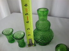 Load image into Gallery viewer, Vintage Green Diamond Point Small Decanter with Stopper and Three Glasses
