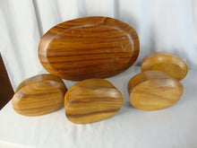 Load image into Gallery viewer, Vintage Carved Wood Oval Serving Bowl and 4 Individual Bowls Set
