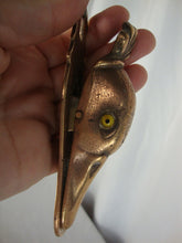 Load image into Gallery viewer, Antique Brass Cast Iron Duck Head Bill Letter Holder Yellow Glass Eyes Table or Wall
