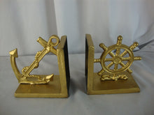 Load image into Gallery viewer, Vintage Brass Metal Ship Wheel and Anchor with Rope Bookend Pair
