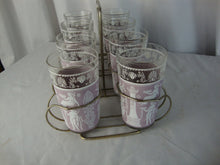 Load image into Gallery viewer, Vintage Jeanette Hellenic Lilac Clear Glasses Set of 8 with Metal Carry Caddy
