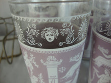 Load image into Gallery viewer, Vintage Jeanette Hellenic Lilac Clear Glasses Set of 8 with Metal Carry Caddy
