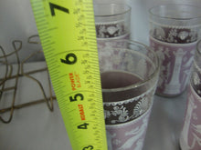 Load image into Gallery viewer, Vintage Jeanette Hellenic Lilac Clear Glasses Set of 8 with Metal Carry Caddy
