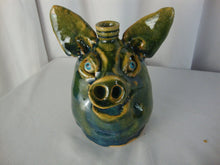 Load image into Gallery viewer, Marvin Bailey Folk Art Potter Blue Tan Green Beady Eye Small Pig Ugly Face Jug
