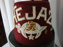 Load image into Gallery viewer, Vintage Hejaz Shriners Jeweled Several Pins Fez 6 3/4 Hat Size with Hatbox
